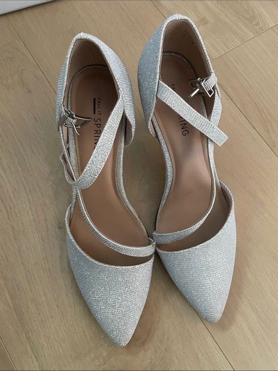 Call It Spring Shoes - Call It Spring Silver Glitter Pointed-Toe Ankle-Strap Heels